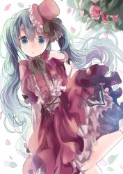 Rule 34 | 1girl, bad id, bad pixiv id, dress, green eyes, green hair, hat, hatsune miku, highres, long hair, looking at viewer, matching hair/eyes, mini hat, mini top hat, opopowa, petals, solo, top hat, twintails, very long hair, vocaloid, white background