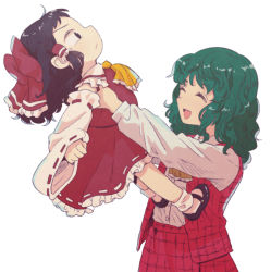 Rule 34 | 2girls, ascot, black hair, bow, carrying, detached sleeves, dress, closed eyes, green hair, hair bow, hakurei reimu, japanese clothes, kazami yuuka, kinosaki, long sleeves, mary janes, miko, multiple girls, open mouth, pleated dress, shoes, short hair, simple background, smile, touhou, white background, aged down