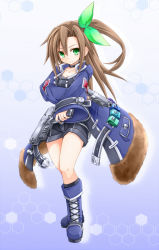 Rule 34 | 10s, 1girl, boots, bow, brown hair, female focus, green eyes, gun, hair bow, hair ornament, highres, if (neptunia), jacket, karukan (monjya), long hair, neptune (series), open clothes, open jacket, solo, weapon