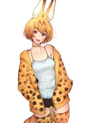 Rule 34 | 10s, 1girl, alternate costume, animal ears, bare shoulders, black shorts, blonde hair, blush, bow, bowtie, cat ears, cat tail, hands in pockets, head tilt, hood, hoodie, kemono friends, looking at viewer, open clothes, open hoodie, open mouth, serval (kemono friends), serval print, serval tail, short hair, short shorts, shorts, simple background, skindentation, smile, solo, standing, tail, tank top, thighhighs, tsukino wagamo, unzipped, white background