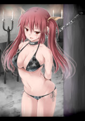 Rule 34 | 1girl, arms behind back, bdsm, bikini, blush, body blush, bondage, bound, bound arms, breasts, camouflage, camouflage bikini, candle, candlelight, candlestand, chain, cleavage, collar, collarbone, fire, fire, grey ribbon, hair between eyes, highres, indoors, inu (mezonsidepark), large breasts, legs together, light, long hair, looking down, navel, open mouth, original, red eyes, red hair, restrained, shiny skin, side-tie bikini bottom, solo, standing, stomach, stone floor, sweatdrop, swimsuit, twintails, wax