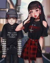 Rule 34 | 1boy, 1girl, :p, air pods, airpods, bags under eyes, barbed wire, bare shoulders, beanie, bike shorts, biting, black hair, black pants, chain necklace, choker, commentary, constricted pupils, contemporary, creator connection, crossover, denim, ear piercing, earrings, english commentary, english text, eyeshadow, facial mark, fake nails, fingernails, goth fashion, grey eyes, hair ornament, hairclip, hat, heart, heart choker, heart earrings, highres, jeans, jewelry, junji ito (series), kawakami tomie, lavelis, lock, long sleeves, looking at viewer, makeup, nail, nail biting, narrow waist, necklace, padlock, pants, pentagram, piercing, plaid, plaid skirt, print shirt, red choker, ring, sharp fingernails, shirt, shorts, shorts under skirt, side slit, skirt, souichi tsuiji, standing, striped sleeves, t-shirt, thick eyebrows, tomie, tongue, tongue out, torn clothes, torn jeans, torn pants, tsujii souichi, wireless, wireless earphones