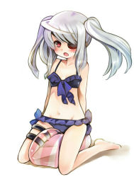 Rule 34 | 10s, 1girl, :o, arms behind back, barefoot, bikini, blush, contact966, eyepatch, groin, infinite stratos, kneeling, laura bodewig, long hair, looking at viewer, navel, open mouth, red eyes, silver hair, sitting, sitting on object, solo, sweatdrop, swimsuit, twintails