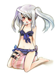 Rule 34 | 10s, 1girl, :o, arms behind back, barefoot, bikini, blush, contact966, eyepatch, female focus, groin, infinite stratos, kneeling, laura bodewig, long hair, looking at viewer, navel, open mouth, red eyes, silver hair, sitting, sitting on object, solo, sweatdrop, swimsuit, twintails