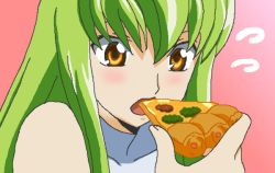 Rule 34 | 00s, bad id, bad pixiv id, bare shoulders, blush, c.c., code geass, eating, food, green hair, narusemi, pizza, pizza slice, solo, yellow eyes