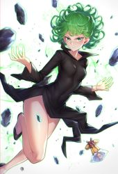 Rule 34 | 1boy, 1girl, angry, bald, black dress, blush, breasts, cape, collarbone, commentary request, curly hair, dress, gloves, green eyes, green hair, highres, hua-j, legs, long sleeves, looking at viewer, one-punch man, red gloves, saitama (one-punch man), short hair, simple background, small breasts, solo focus, stone, tatsumaki, white background