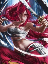Rule 34 | 1girl, alternate costume, armpits, artist name, bandages, bandages around chest, bare arms, bare shoulders, bow, breasts, carlos miguel, cleavage, collarbone, commentary, cowboy shot, erza scarlet, facing viewer, fairy tail, fighting stance, hair bow, hakama, hakama skirt, highres, holding, holding sword, holding weapon, japanese clothes, katana, large breasts, long hair, navel, no shirt, ponytail, red hair, red hakama, sarashi, skirt, solo, stomach, swept bangs, sword, tattoo, very long hair, weapon