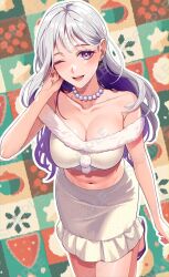 Rule 34 | 1girl, bead necklace, beads, breasts, crop top, earrings, fur trim, gift art, grey hair, highres, indie virtual youtuber, jewelry, large breasts, long hair, mayuki ran, midriff, multicolored hair, navel, necklace, one eye closed, open mouth, pinchi, purple hair, skirt, solo, stomach, white skirt