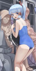 Rule 34 | absurdres, ass, ayaka (genshin impact), bag, bag charm, blue eyes, blue hair, blue nails, blue one-piece swimsuit, blush, breasts, charm (object), commentary, dolri, from behind, genshin impact, glasses, hair ornament, high ponytail, highres, holding, holding phone, hood, hood up, indoors, kneepits, leaning forward, long hair, long sleeves, looking at viewer, looking back, nail polish, one-piece swimsuit, open mouth, phone, school bag, small breasts, standing, sweat, swimsuit, teeth, thighs, train interior, underbutt, upper teeth only