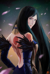 Rule 34 | 1girl, backless outfit, bare shoulders, black hair, blue eyes, castlevania (series), castlevania: order of ecclesia, dress, highres, long hair, shanoa, solo, tattoo, very long hair