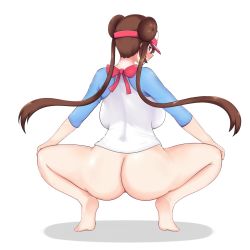 Rule 34 | 1girl, ass, backboob, blue eyes, blush, bottomless, bow, breasts, brown hair, creatures (company), dokuropg, double bun, feet, from behind, game freak, hair bun, heart, heart-shaped pupils, highres, large breasts, long hair, long sleeves, looking back, nintendo, pink bow, pokemon, pokemon bw2, raglan sleeves, rosa (pokemon), solo, squatting, symbol-shaped pupils, thighs, twintails, visor cap, white background