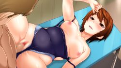 Rule 34 | 1girl, bench, blush, breasts, breasts apart, breasts out, brown eyes, brown hair, censored, clothes pull, from above, game cg, groin, indoors, legs, lying, medium breasts, missionary, mosaic censoring, nipples, one-piece swimsuit, one-piece swimsuit pull, onosato mina, open mouth, original, penis, psy-min appli -akumu no netorare game-, pussy, sameda koban, sex, short hair, swimsuit, thighs, vaginal
