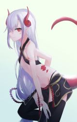 Rule 34 | 1girl, black thighhighs, breasts, dragon horns, dragon tail, female focus, highres, horns, long hair, migihidari (puwako), original, petite, pointy ears, red eyes, slit pupils, small breasts, smile, solo, tail, thighhighs, white hair