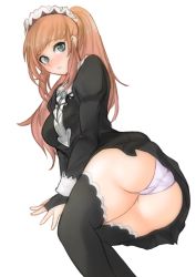 Rule 34 | 1girl, ass, blue eyes, blush, brown hair, curvy, dress, fallen down, felicia (fire emblem), fire emblem, fire emblem fates, fire emblem heroes, hair ornament, highres, long hair, looking at viewer, maid, maid headdress, nintendo, panties, parted lips, ponytail, skirt, solo, thighhighs, transparent background, tridisart, underwear