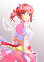 Rule 34 | 1girl, absurdres, animal ears, bow, cat ears, cowboy shot, crop top, detached sleeves, earrings, gloves, gradient background, grey background, hair between eyes, hair bow, hair ornament, highres, idol, jewelry, konro kai, looking at viewer, looking back, love live!, love live! school idol project, miniskirt, multicolored clothes, multicolored skirt, nishikino maki, open mouth, pink skirt, purple eyes, red bow, red hair, short hair, short sleeves, skirt, solo, standing, white background, white gloves, white skirt, white sleeves