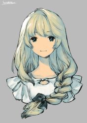 Rule 34 | 1girl, blonde hair, blue eyes, bow, braid, closed mouth, grey background, hair bow, hair over shoulder, kotatsu (g-rough), looking at viewer, no nose, original, portrait, princess freia (kotatsu (g-rough)), signature, simple background, smile, solo