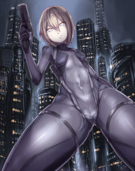 Rule 34 | 1girl, bodysuit, breasts, brown hair, building, cameltoe, city, city lights, cityscape, covered erect nipples, covered navel, cowboy shot, gun, handgun, holding, holding gun, holding weapon, original, pistol, shiny clothes, short hair, silver bell, skin tight, skyscraper, small breasts, solo, weapon, yellow eyes