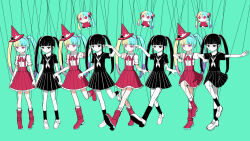 Rule 34 | 2girls, aegyo sal, aimaina, aqua hair, black dress, black eyes, black hair, black sailor collar, blonde hair, blue gemstone, boots, bow, character doll, closed mouth, commentary request, dress, dual persona, fake meme (vocaloid), gem, glasses, gloves, gradient hair, hair between eyes, hand up, hat, hatsune miku, heart, highres, kneehighs, long hair, looking at viewer, multicolored hair, multiple girls, neck ruff, pink eyes, pink hair, pinocchio-p, pleated skirt, polar opposites, puppet strings, red bow, red footwear, red hat, red skirt, red suspenders, sailor collar, shirt, short sleeves, sidelocks, skirt, socks, string, suspenders, twintails, two-tone hair, vocaloid, whale ornament, white gloves, white shirt