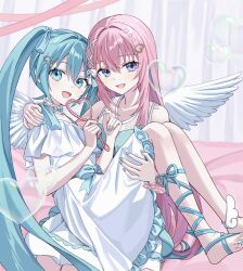 2girls aqua_eyes aqua_hair aqua_nails aqua_ribbon bare_shoulders blue_eyes bubble_wand carrying dress feathered_wings frilled_dress frills hair_ornament hatsune_miku heart heart_bubbles highres leg_ribbon long_hair looking_at_viewer megurine_luka multiple_girls nail_polish open_mouth pink_hair princess_carry ribbon sitting smile soap_bubbles twintails very_long_hair vocaloid vs0mr white_dress white_wings wings