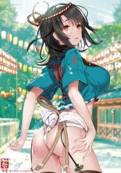 Rule 34 | 1girl, alternate costume, artist name, ass, black hair, black thighhighs, blue jacket, blurry, blurry background, breasts, comiket 94, cropped jacket, day, deep skin, festival, from behind, fundoshi, garter straps, hand on own leg, hayakawa akari, jacket, japanese clothes, kantai collection, large breasts, looking at viewer, midriff, no pants, outdoors, parted lips, red eyes, short hair, short sleeves, sidelocks, signature, solo, standing, strap gap, takao (kancolle), thighhighs, tree
