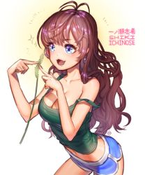 Rule 34 | 10s, 1girl, :3, :d, ahoge, bad id, bad pixiv id, blue eyes, blush, breasts, brown hair, cattail, character name, cleavage, clinexgrim, fang, ichinose shiki, idolmaster, idolmaster cinderella girls, large breasts, long hair, midriff, navel, open mouth, plant, short shorts, shorts, smile, solo, sparkle, strap slip, tank top, wavy hair