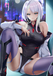 Rule 34 | 1girl, bare shoulders, black leotard, blue eyes, breasts, cyberpunk (series), cyberpunk edgerunners, cyicheng, eyeliner, grey hair, jacket, large breasts, leotard, long sleeves, looking at viewer, lucy (cyberpunk), multicolored hair, off shoulder, open clothes, open jacket, red eyeliner, short hair, sidelocks, sitting, smile, solo, spread legs, thighhighs, thighs, white jacket