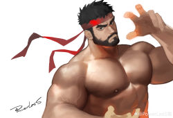 Rule 34 | 1boy, abs, absurdres, bara, beard, biceps, black hair, completely nude, facial hair, frown, hand up, headband, highres, large pectorals, looking at viewer, male focus, mature male, muscular, muscular male, mustache, nipples, nude, open hands, pectorals, powerlesssong, ryu (street fighter), short hair, solo, street fighter, street fighter 6, thick eyebrows, unfinished, upper body, veins, veiny arms, wind