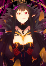 Rule 34 | 1girl, absurdres, black dress, black hair, breasts, cleavage, detached collar, dress, fate/apocrypha, fate/grand order, fate (series), fur trim, highres, large breasts, licking lips, long hair, orihiro0614, pointy ears, semiramis (fate), solo, tongue, tongue out, upper body, yellow eyes