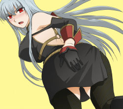 Rule 34 | 00s, 1girl, ass, ass grab, back, backboob, bare shoulders, bent over, black gloves, black skirt, black thighhighs, blush, breasts, detached sleeves, floating hair, from behind, gloves, grey hair, large breasts, leaning forward, legs, long hair, looking back, military, military uniform, open mouth, red eyes, selvaria bles, senjou no valkyria, senjou no valkyria (series), senjou no valkyria 1, simple background, skirt, solo, taguchi kenji (omaep), thighhighs, thighs, uniform, yellow background
