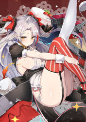 Rule 34 | 1girl, antenna hair, ass, azur lane, blush, breasts, commentary request, finger to mouth, garter straps, hair between eyes, hair ribbon, large breasts, long hair, looking at viewer, luse maonang, machinery, mole, mole on breast, multicolored hair, orange eyes, panties, prinz eugen (azur lane), red hair, ribbon, rigging, side-tie panties, sideboob, silver hair, solo, streaked hair, swept bangs, thighhighs, thighs, two side up, underwear, very long hair, white panties, wrist cuffs