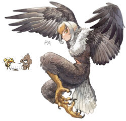 Rule 34 | 1girl, abuku, blonde hair, chibi, chibi inset, commentary request, feathered wings, feathers, full body, harpy, looking at viewer, monster girl, multicolored hair, neck fur, original, short hair, signature, solo, talons, two-tone hair, white background, white hair, winged arms, wings, yellow eyes