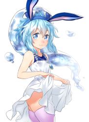 Rule 34 | 1girl, :3, animal ears, bare arms, bare shoulders, blue eyes, blue hairband, closed mouth, clothes lift, cowboy shot, dress, dress lift, fake animal ears, flat chest, hairband, jewelry, corriente (show by rock!!), lifting own clothes, looking at viewer, necklace, onsoku inu, pink thighhighs, rabbit ears, show by rock!!, simple background, smile, solo, standing, thighhighs, white background, white dress