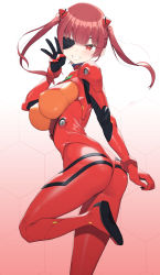 Rule 34 | 1girl, absurdres, ass, blush, bodysuit, breasts, cloba, cosplay, eyepatch, grin, highres, hololive, houshou marine, jumping, large breasts, long hair, looking at viewer, middle w, naughty face, neon genesis evangelion, pilot suit, plugsuit, red bodysuit, red eyes, red hair, shiny clothes, smile, solo, souryuu asuka langley (cosplay), standing, twintails, virtual youtuber, w, wide hips