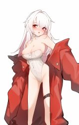 Rule 34 | 1girl, alternate breast size, belt, breasts, clara (honkai: star rail), coat, collar, eyebrows hidden by hair, feet out of frame, groin, hair between eyes, highres, honkai: star rail, honkai (series), inniyik, large breasts, leotard, long hair, looking at viewer, open mouth, red coat, red eyes, simple background, skin tight, solo, thigh belt, thigh strap, white collar, white hair, white leotard