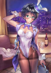Rule 34 | 1girl, animal ears, arm up, armchair, bag, bare arms, bare shoulders, black hair, blush, bottle, bow, bowtie, breasts, brown pantyhose, chair, city, cleavage, commentary request, covered navel, cowboy shot, cup, cupping glass, curtains, detached collar, drinking glass, earrings, fake animal ears, flying sweatdrops, glasses, green eyes, groin, hat, highres, holding, holding bag, indoors, jewelry, leotard, looking at viewer, matsuda (matsukichi), medium breasts, mini hat, mini top hat, open clothes, open vest, original, pantyhose, playboy bunny, purple bow, purple bowtie, purple vest, rabbit ears, short hair, solo, standing, strapless, strapless leotard, striped, table, thighband pantyhose, thighs, top hat, vertical stripes, vest, white hat, white leotard, wine glass, wrist cuffs