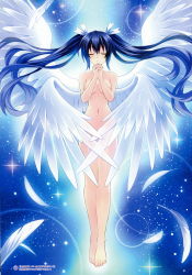 Rule 34 | 1girl, absurdres, black hair, breasts, chou megami shinkou noire gekishin black heart, closed eyes, feathered wings, feathers, full body, highres, interlocked fingers, long hair, medium breasts, navel, neptune (series), noire (neptunia), nude, official art, own hands clasped, own hands together, scan, simple background, solo, sparkle, tsunako, twintails, wings