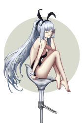 Rule 34 | 1girl, absurdres, ak-12 (girls&#039; frontline), alternate costume, animal ears, arm support, back, bar stool, bare back, bare legs, barefoot, black leotard, braid, breasts, closed eyes, closed mouth, collar, crush kim, detached collar, fake animal ears, french braid, full body, girls&#039; frontline, grey hair, hair ornament, hair scrunchie, hand in own hair, happy new year, highres, legs, leotard, lips, long hair, medium breasts, new year, playboy bunny, ponytail, rabbit ears, scrunchie, sideboob, sidelocks, simple background, sitting, smile, solo, stool, thighs, toes, white collar, white wrist cuffs, wrist cuffs