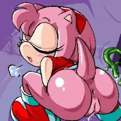 Rule 34 | aku tojyo, amy rose, anus, ass, boots, female ejaculation, furry, lowres, oekaki, pussy, pussy juice, sigh, simple background, sonic (series), tail, tentacles