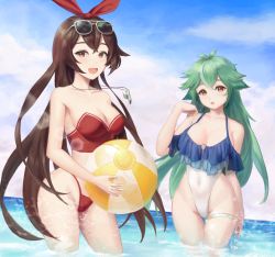 Rule 34 | 2girls, :d, amber (genshin impact), ball, bare arms, bare shoulders, beachball, bikini, blue sky, breasts, brown eyes, brown hair, cleavage, cloud, commentary request, covered navel, day, elanphant, eyewear on head, genshin impact, green hair, groin, hair ribbon, hand up, highres, holding, holding ball, long hair, looking at viewer, medium breasts, multiple girls, no eyewear, off-shoulder one-piece swimsuit, off shoulder, one-piece swimsuit, open mouth, orange eyes, outdoors, red bikini, red ribbon, ribbon, sky, smile, strapless, strapless bikini, sucrose (genshin impact), sunglasses, swimsuit, thigh strap, thighs, very long hair, wading, whistle, whistle around neck