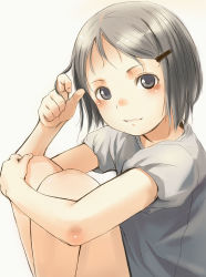 Rule 34 | 1girl, blush, grey eyes, grey hair, grey shirt, hair ornament, twirling hair, hairclip, legs folded, looking at viewer, original, puffy short sleeves, puffy sleeves, shirt, short hair, short sleeves, sitting, smile, sody, solo, swept bangs, white background