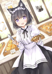 Rule 34 | 1girl, :d, animal ear fluff, animal ears, apron, arrow (symbol), bakery, black hair, black skirt, blush, bread, brick wall, cat ears, commentary request, fang, food, holding, indoors, layered sleeves, long sleeves, looking at viewer, open mouth, original, puffy short sleeves, puffy sleeves, purple eyes, shirt, shop, short hair, short over long sleeves, short sleeves, skirt, smile, solo, standing, tongs, translation request, uniform, waist apron, wataame27, white apron, white shirt, window
