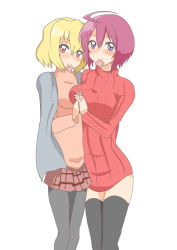 Rule 34 | 2girls, ahoge, black legwear, blonde hair, blue eyes, breasts, condom, condom in mouth, copyright request, female focus, holding hands, mouth hold, multiple girls, pantyhose, red eyes, red hair, short hair, simple background, skirt, smile, sweater, thighhighs, white background