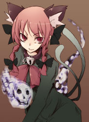Rule 34 | 1girl, animal ears, bad id, bad pixiv id, bow, braid, cat ears, cat girl, cat tail, collar, female focus, hair bow, kaenbyou rin, kuroi mizore, lock, long hair, multiple hair bows, multiple tails, red eyes, red hair, skull, slit pupils, smile, solo, tail, touhou, twin braids