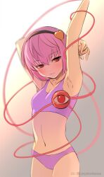 Rule 34 | 1girl, arm above head, armpits, arms up, backlighting, breasts, closed mouth, cowboy shot, expressionless, gradient background, grey background, hair between eyes, hair ornament, hairband, heart, heart hair ornament, komeiji satori, linea alba, looking at viewer, navel, one-hour drawing challenge, panties, pink hair, red eyes, shiroi karasu, short hair, small breasts, solo, touhou, underwear