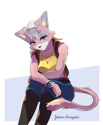 Rule 34 | 1girl, :3, animal ears, animal nose, artist name, bare shoulders, belt, black footwear, black vest, blue eyeshadow, blue pants, boots, border, bracelet, breasts, cat ears, cat girl, cat tail, closed mouth, collarbone, crop top, crossed arms, eyeshadow, female focus, furry, furry female, grey hair, half-closed eyes, happy, highres, invisible chair, jewelry, katt monroe, knee boots, leaning forward, looking at viewer, makeup, medium breasts, namagaki yukina, necklace, nintendo, open clothes, open vest, outside border, pants, pants tucked in, pink fur, purple eyes, shirt, short hair, signature, simple background, sitting, sleeveless, sleeveless shirt, smile, solo, star fox, star fox 64, tail, two-tone background, two-tone fur, vest, white background, white border, white fur, yellow shirt
