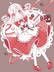 Rule 34 | 1girl, :&lt;, ahoge, apron, blush stickers, bow, bowtie, box, box of chocolates, braided hair rings, brown background, candy, chocolate, chocolate heart, closed mouth, collared dress, doily, dress, dutch angle, earrings, floating hair, food, frilled dress, frills, full body, hair between eyes, hair ornament, happy valentine, heart, heart earrings, high heels, highres, jewelry, kuzuhara kazuya, long hair, long sleeves, looking at viewer, original, plaid, plaid dress, pleated dress, red bow, red bowtie, red dress, red eyes, red footwear, sidelocks, simple background, solo, star-shaped pupils, star (symbol), symbol-shaped pupils, thighhighs, twintails, very long hair, waist apron, white apron, white hair, white thighhighs, x hair ornament