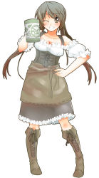 Rule 34 | 1girl, beer mug, blush, boots, breasts, brown eyes, brown hair, cleavage, contrapposto, cross-laced footwear, cup, dirndl, full body, german clothes, grin, hand on own hip, highres, knee boots, lace-up boots, long hair, mug, ogawa mizuki, original, shing (sorairo factory), smile, solo, standing, traditional clothes, twintails, underbust