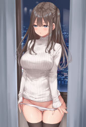 Rule 34 | 1girl, black thighhighs, blue eyes, blush, bottomless, breasts, brown hair, city lights, curtains, gluteal fold, highres, indoors, large breasts, long hair, long sleeves, looking away, looking to the side, night, no pants, original, panties, panty pull, parted lips, pulling own clothes, ribbed sweater, solo, sweater, thigh gap, thighhighs, two side up, underwear, undressing, white panties, white sweater, window, wing (aiastor)