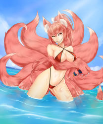 Rule 34 | 1girl, animal ears, animal hands, bare shoulders, bikini, breasts, claws, day, facial mark, fox ears, fox tail, grin, highres, jing li, large breasts, long hair, looking at viewer, lotion, lotion bottle, mon-musu quest!, monster girl, multiple tails, one eye closed, partially submerged, ponytail, red bikini, red hair, sharp teeth, sky, smile, solo, suggestive fluid, swimsuit, tail, teeth, very long hair, wading, water, whisker markings, yao (mon-musu quest!)