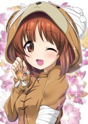 Rule 34 | 10s, 1girl, ;d, absurdres, animal costume, bandaid, bear costume, blue hair, blurry, blurry background, boko (girls und panzer), brown eyes, brown hair, cast, commentary, diffraction spikes, floral background, girls und panzer, glowing, glowing eyes, gun sling, highres, holding, light blue hair, long sleeves, looking at viewer, nishizumi miho, one eye closed, open mouth, pajamas, shiina excel, short hair, smile, solo, sparkle, stuffed animal, stuffed toy, teddy bear, upper body